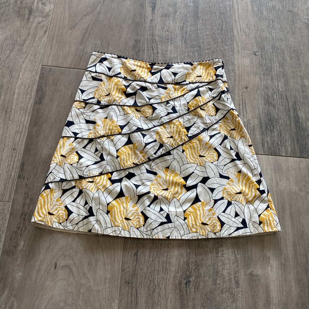 Anthropologie Odille Cotton A Line floral yellow, Blk white zebra print size 10
